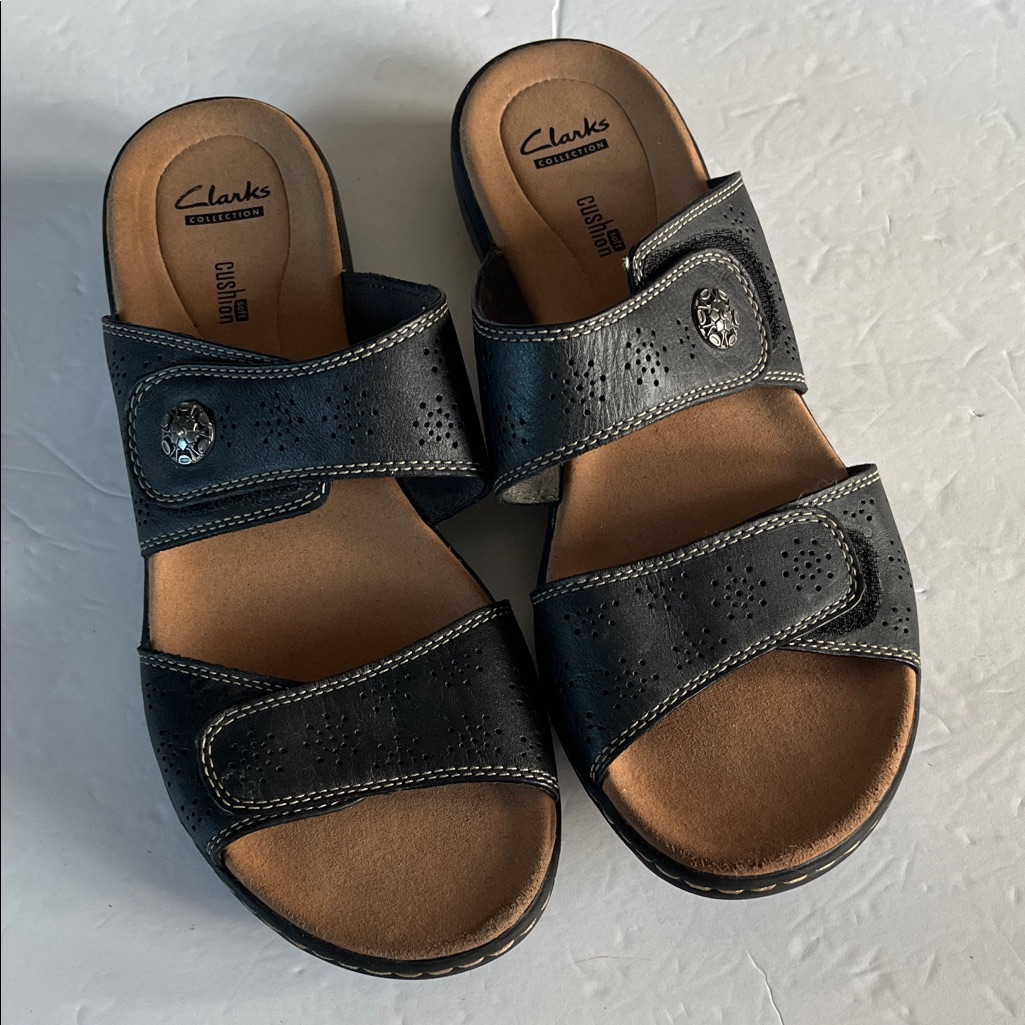 Clarks Leisa Lacole Slide On Leather Sandals Black Rip Tape Adjustable Straps 11